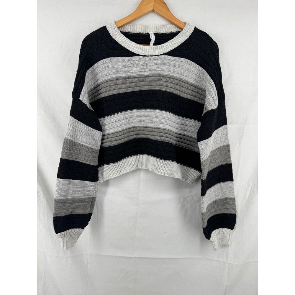 Dreamers by Debut Women Black Grey Striped Cropped Knit Sweater XL -W